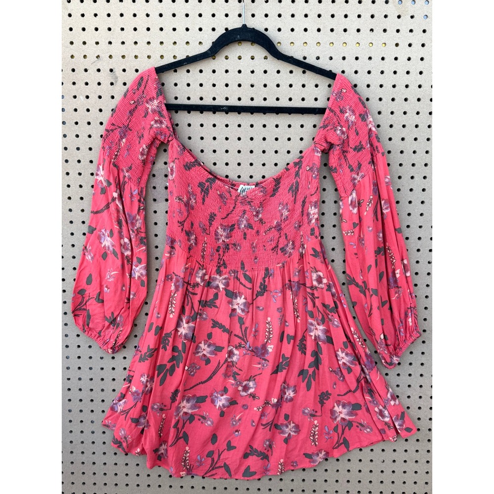 Free People Smocked Floral Off Shoulder Mini Dress Coral Pink Long‎ Sleeve Large